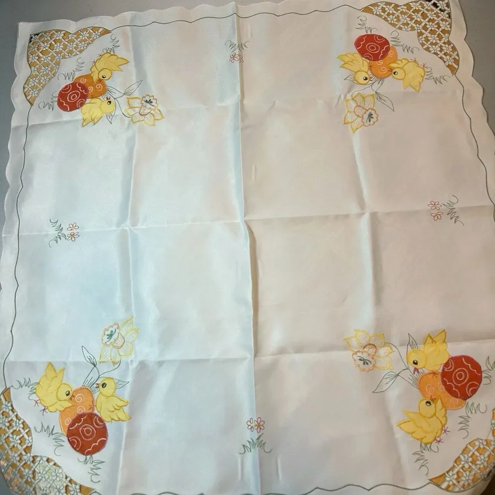 Easter Tablecloth 85x85cm Chick Egg Embroidery Lace Cutwork NWT Spring Cottage